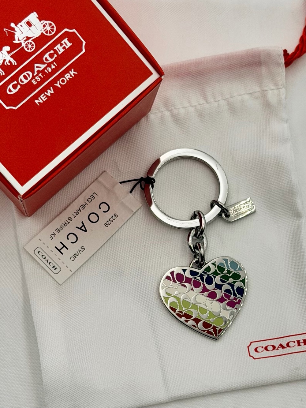RARE NWT Vintage Coach Legacy Striped Heart Keychain w/ Box